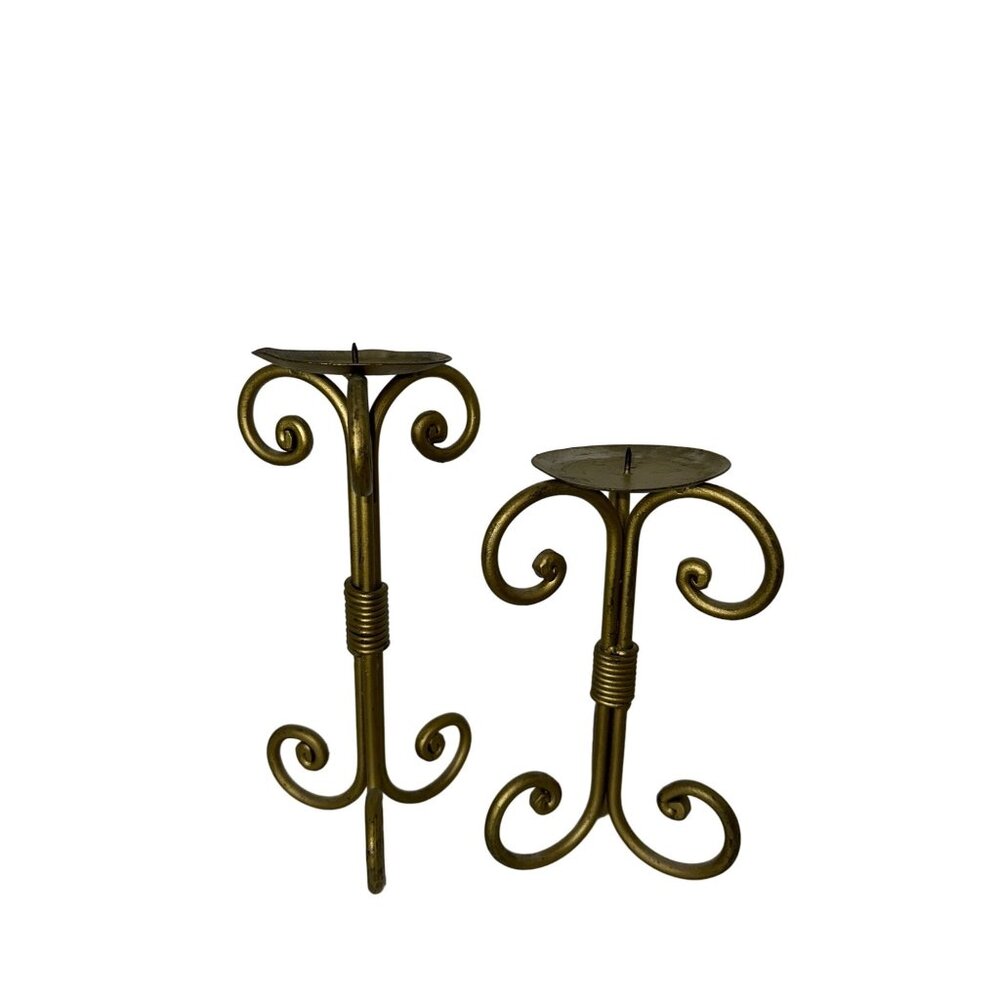 Set Of 2 Vintage Gold Iron Scroll Candle Holders 10" & 9"  Tall